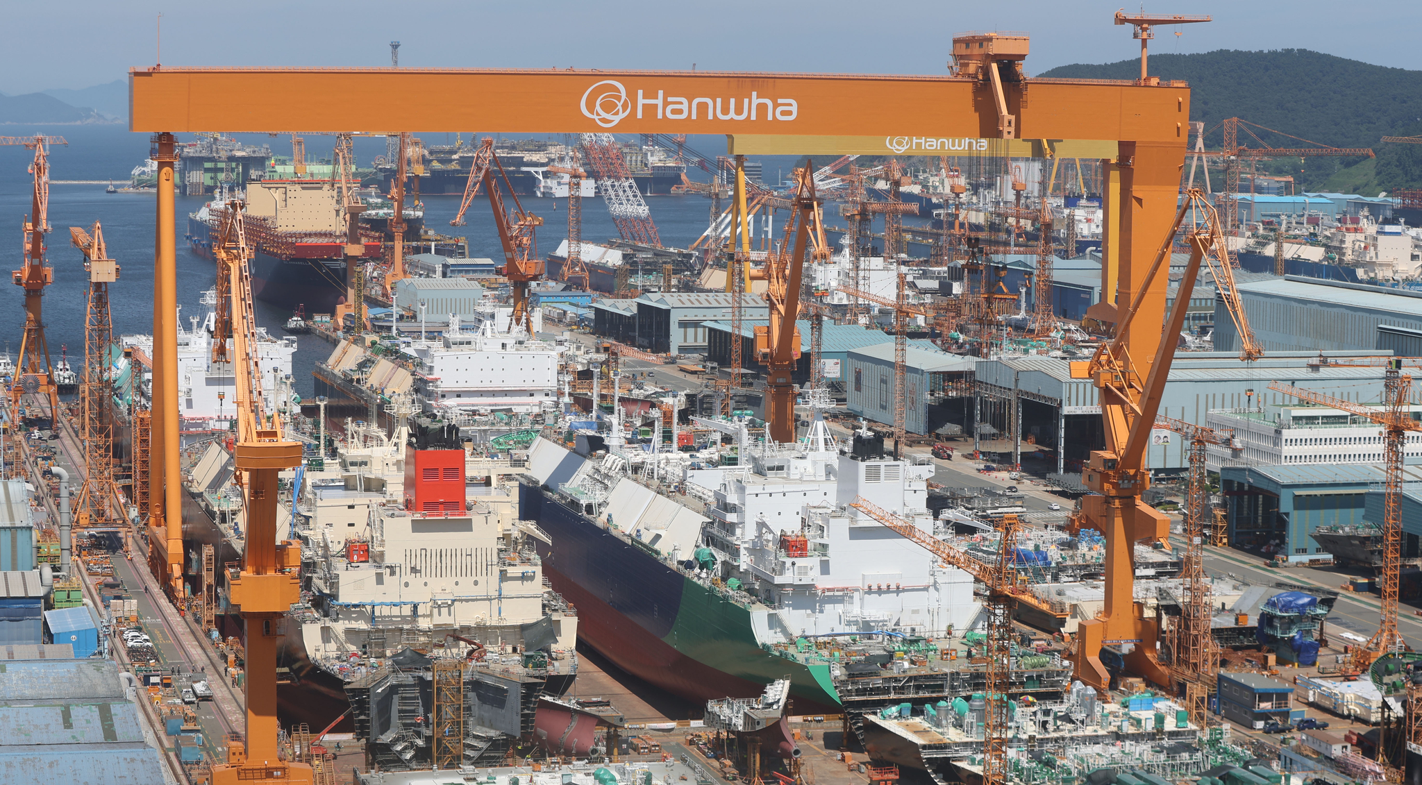 A ship under construction is pictured at Hanwha Ocean’s shipyard in Aju-dong, Geoje, South Gyeongsang, on July 31. [YONHAP]