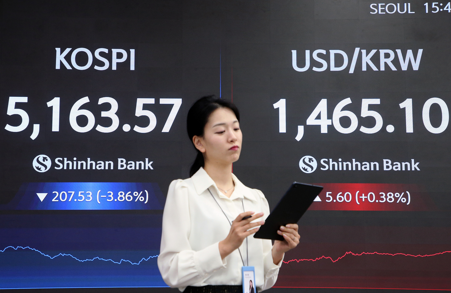 Electronic display boards at Shinhan Bank's dealing room in central Seoul show Korea's financial markets on Feb. 5. [SHINHAN BANK]