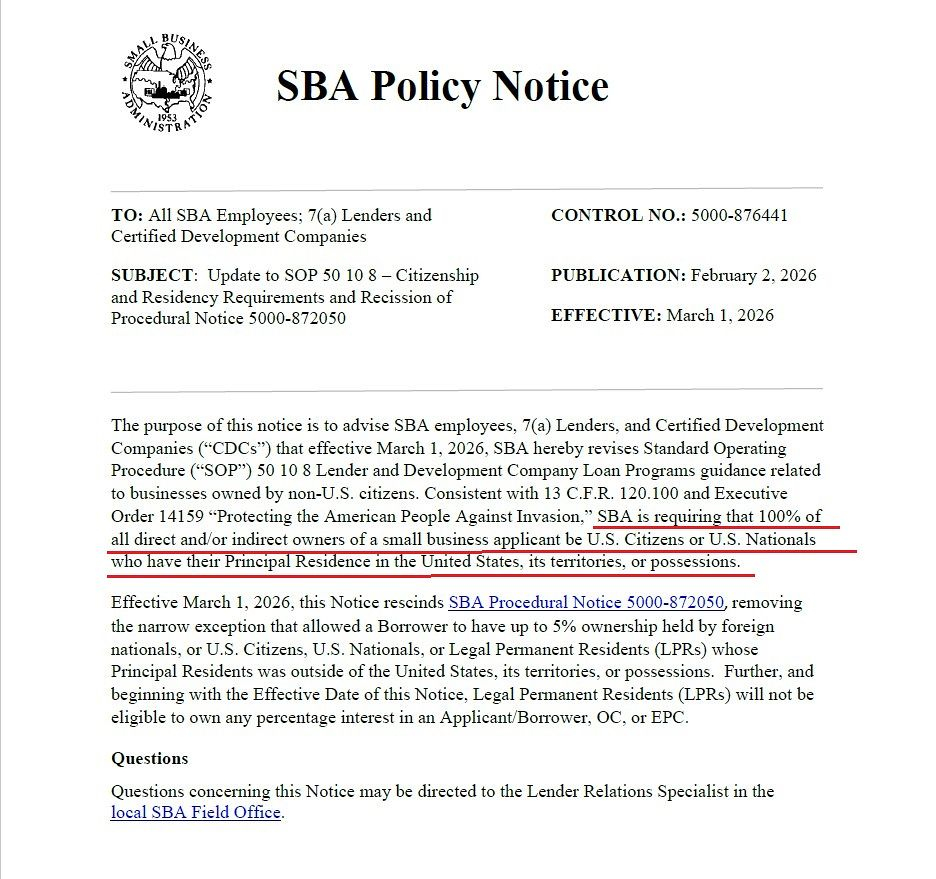 A revised guidance update states that on Feb. 2 the U.S. Small Business Administration (SBA) changes eligibility for the 7(a) loan program to require 100 percent ownership by a U.S. citizen or national and a primary residence within the United States. [KANG TAE-HWA]