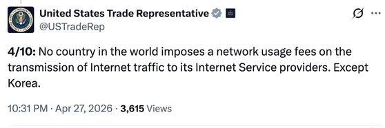 An X post from the United States Trade Representative on April 27. [SCREEN CAPTURE]