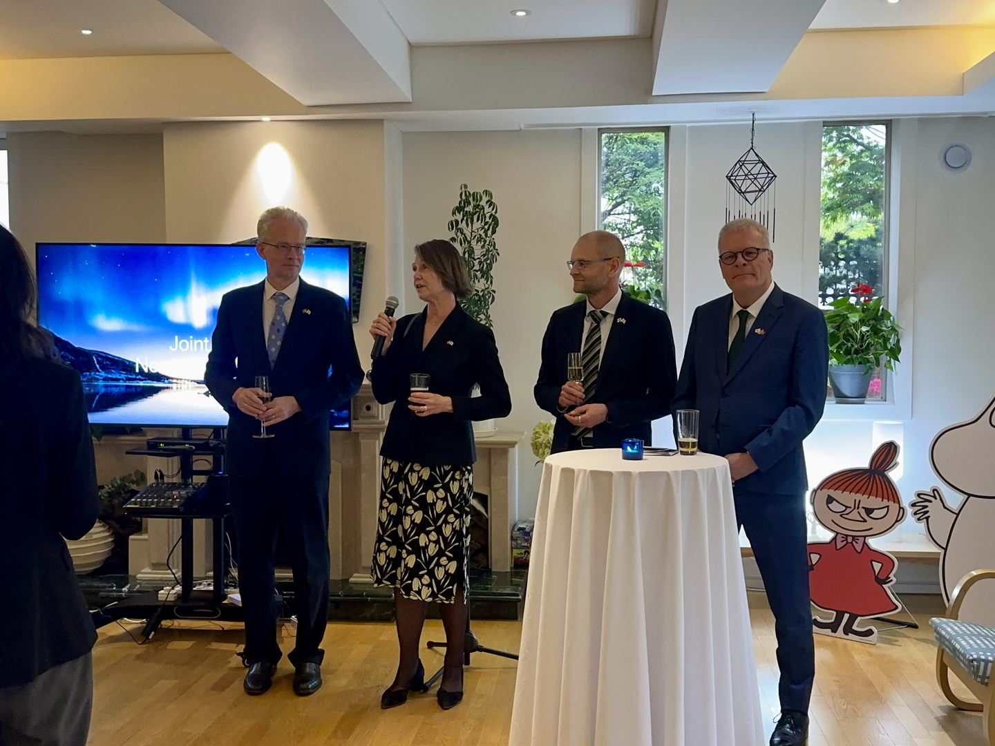 Nordic Ambassadors to Korea — from left, Swedish Ambassador Karl-Olof Andersson, Norwegian Ambassador Anne Kari Hansen Ovind, Finnish Ambassador Jyri Järviaho and Danish Ambassador Mikael Hemniti Winther — raise a toast during a networking reception celebrating the Nordic+Korea Innovation Days 2026 and the visit of the Nordic AI delegation held at the Finnish Residence in Seongbuk District, northern Seoul, on April 21. [SEO JI-EUN]