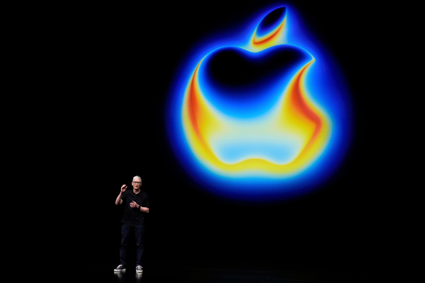 Apple CEO Tim Cook speaks on stage during an announcement of new products at Apple Park in Cupertino, California, on Sept. 9, 2025. [AP/YONHAP]